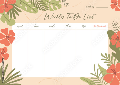 Printable weekly planner concept, with tropical exotic background. Vector illustration