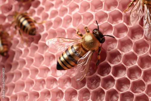 Overhead Close-up of golden, shiny bee sitting on pink plastic honeycomb background. Creative wallpaper, minimal concept for fruit cream honey. Fancy screensaver with bees. Generative AI 3d render. 