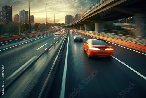 Car moving fast on motorway road to city motion blur