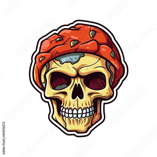 Sticker of a skull in a red hat. Vector illustration.
