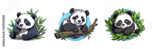 Cartoon panda with leafs. Vector illustration.