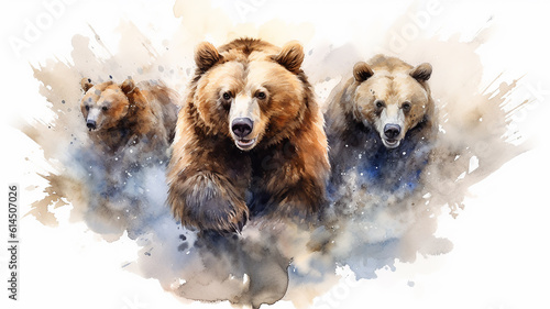 watercolor drawing of a group of bears running on a white background. Generative AI