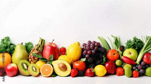 different colored fruits row on white background. Generative AI