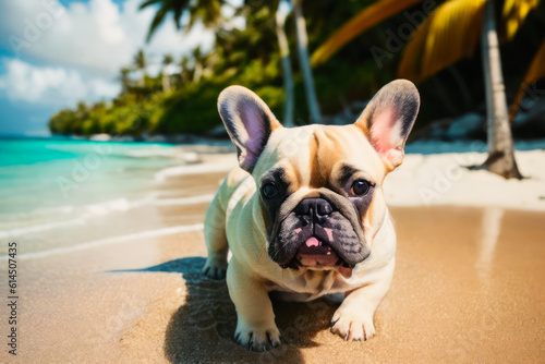 Digital photo of a cute French bulldog  lies on the tropical beach on a sunny day. Wildlife imagery, the concept of ecological environment. Generative AI © mikhailberkut