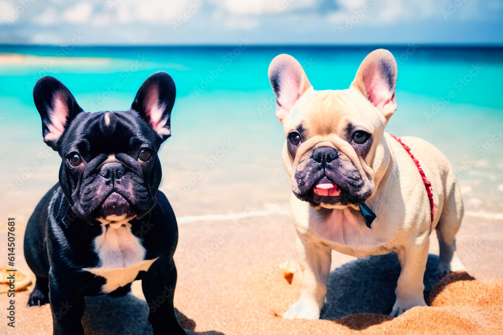 Digital photo of a cute French bulldog  lies on the tropical beach on a sunny day. Wildlife imagery, the concept of ecological environment. Generative AI