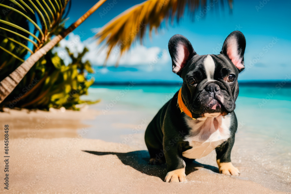 Digital photo of a cute French bulldog  lies on the tropical beach on a sunny day. Wildlife imagery, the concept of ecological environment. Generative AI