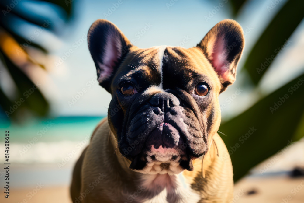 Digital photo of a cute French bulldog  lies on the tropical beach on a sunny day. Wildlife imagery, the concept of ecological environment. Generative AI