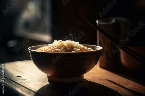a bowl of delicious japaneese noodles with chopsticks on a table in a japaneese restaurant