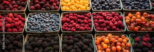 Farmers Market Berries Assortment Closeup. Strawberries, Blueberries, Raspberries in boxes. fresh ripe fruits for sale, selective focus. Different berries market choice. generative ai