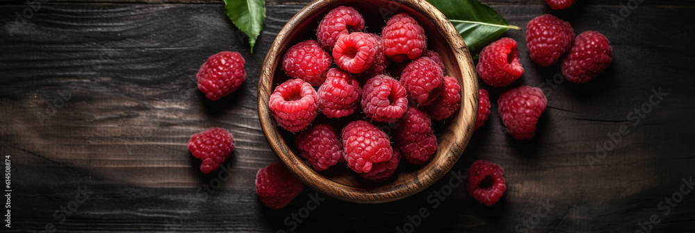 Raspberries Basket on Rustic Wooden Table. Fresh Juicy Delicious and Ripe Garden Natural Berries for Healthy Diet Culinary Delights. Closeup with Copy Space. Eco Farming concept. generative ai