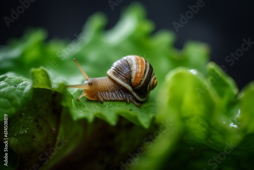 macro photography of a snail eating lettuce photo