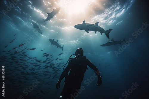 scooba diver diving underwater with a group of sharks