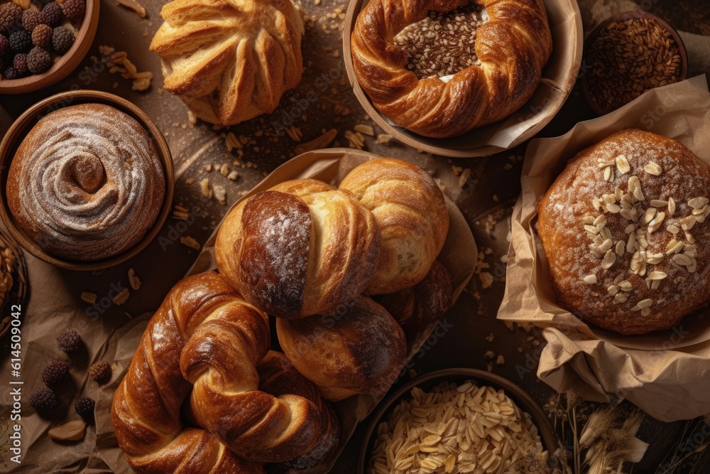 Bakery products. Bread, rolls. Fresh bread, wheat flour. Homemade food, creative photos, cereal products. Natural organic. The main meal. Hot Assortment.