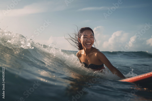 beautiful asian woman practicing surf in the ocean in summer under sunset light on a tropical sea with a big and energetic smile. © urdialex