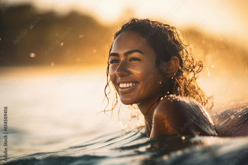 beautiful latin woman practicing surf in the ocean in summer under sunset light on a tropical sea with a big and energetic smile.