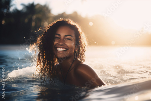beautiful latin woman practicing surf in the ocean in summer under sunset light on a tropical sea with a big and energetic smile.
