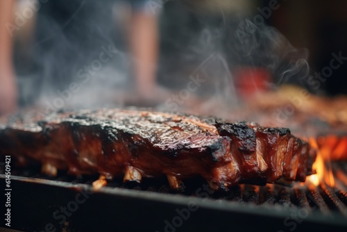 delicious and tasty ribs being cooked on a barbacue grill in the american style