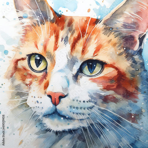 watercolor portrait of a reddish moggy cat 