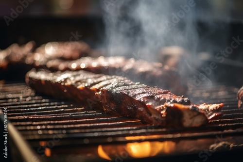 delicious and tasty ribs being cooked on a barbacue grill in the american style