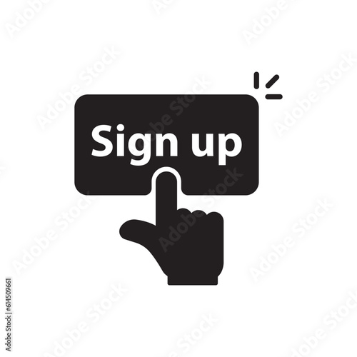 black simple finger presses on sign up button. concept of click here like abstract ui symbol and new registration on web site. flat style trend modern logotype graphic design on white background