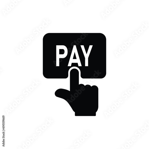 black finger push on pay button icon. concept of online shopping and retail e-commerce for web trade business. simple flat trend modern payment logotype graphic design isolated on white background