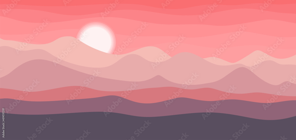 Horizontal mountains landscape with sun. Panoramic background of mountain silhouettes with sunset or sunrise. Flat vector background