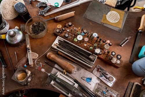Instruments kit in a large workshop for the manufacture of handmade jewelry