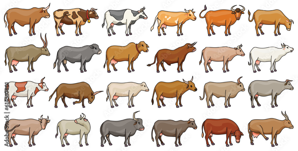 Cow of animal vector color set icon.Isolated color icon farm animal of cow.Vector illustration cattle for farm on white background.
