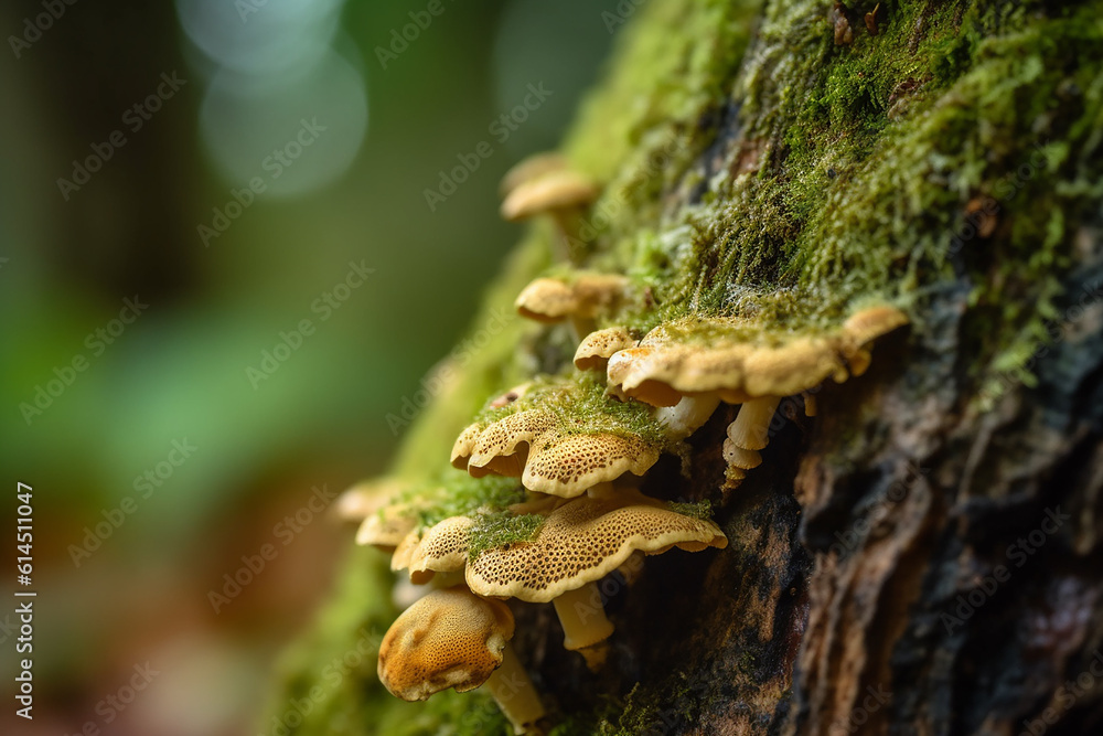 colony of small light brown fungus on tree bark covered with green moss created with Generative AI technology - obrazy, fototapety, plakaty 