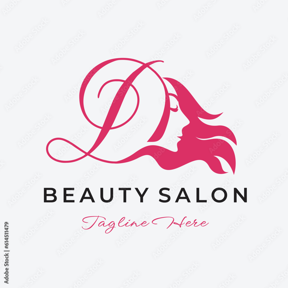 Letter D Beauty Salon Logo Design, Beautiful Woman Face Hair Care Icon Letter D Beauty Salon Logo Design, Beautiful Woman Face Hair Care Icon