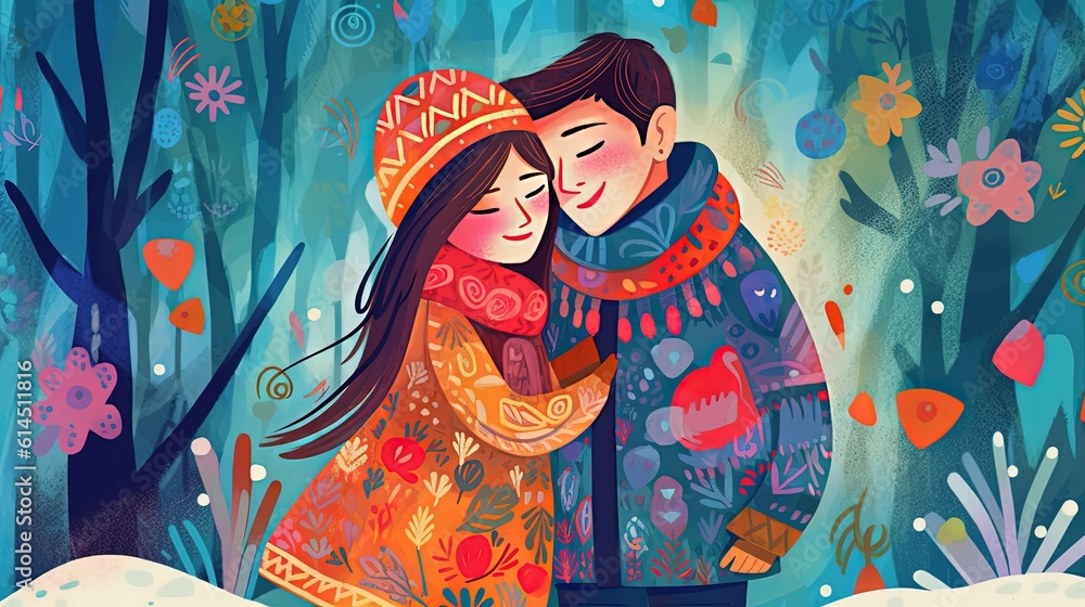 Fototapeta premium art illustration cute couple cuddle while walking in winter woods, Generative Ai