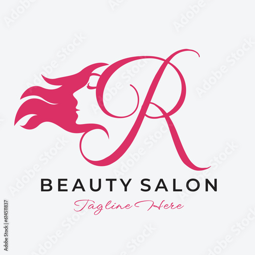 Letter R Beauty Salon Logo Design, Beautiful Woman Face Hair Care Icon