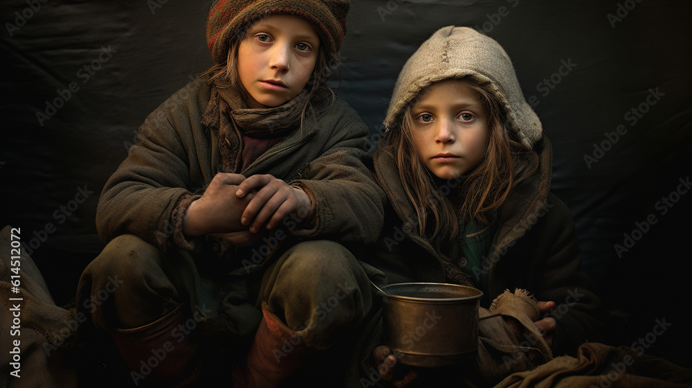Homeless children on the street close-up. AI generation Homeless children on the street close-up. AI generation