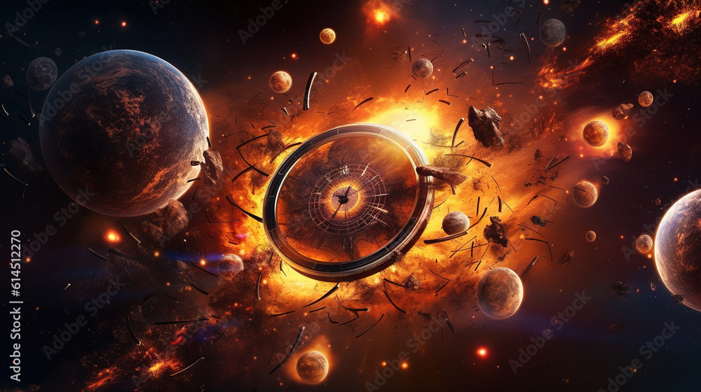 Fiery clock face in outer space among the planets. Time travel concept ...