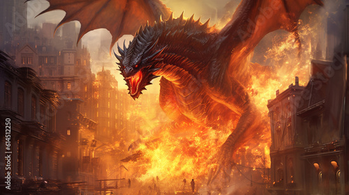 A huge dragon destroyed the city with a fiery flame. AI generation © dwoow