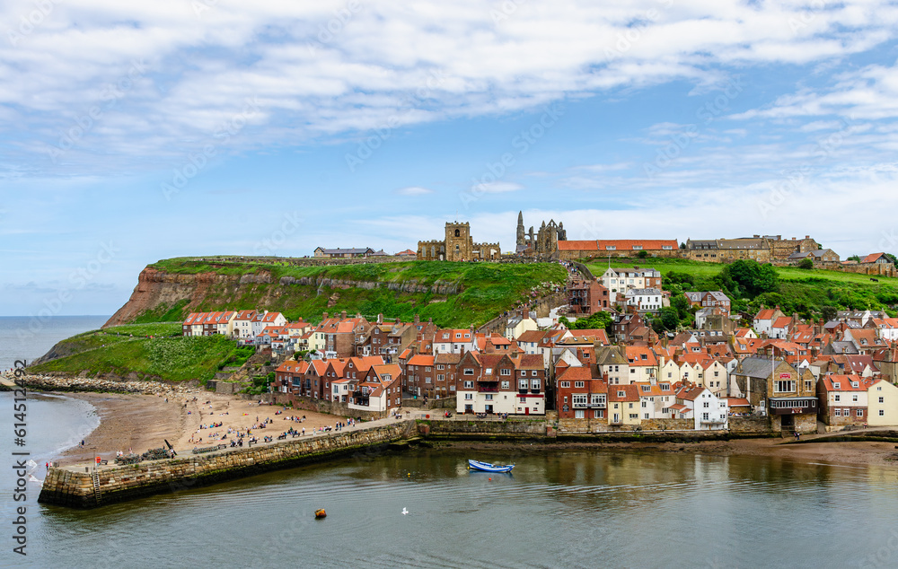 Obraz premium The landscape of port in Whitby. Beautiful day in Yorkshire, England. A beautiful town where the story of Dracula was created.