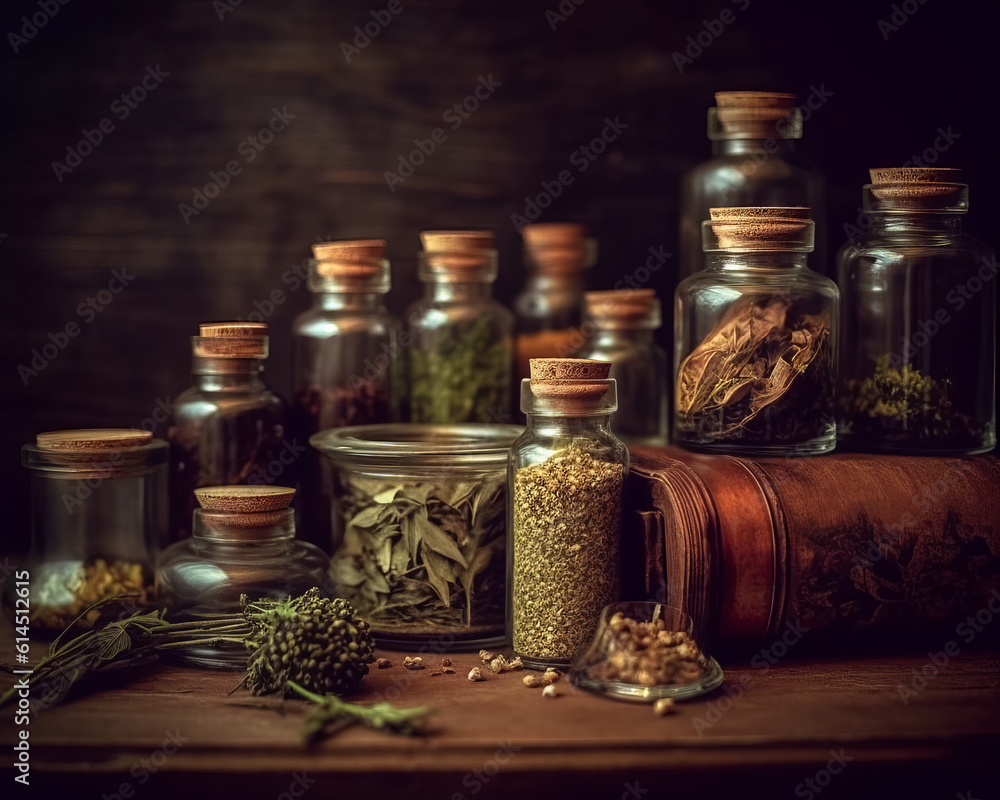Alternative wellness practice with fresh herbs and herbal bottles on a dark background. Alternative medicine. Generative AI. Alternative wellness practice with fresh herbs and herbal bottles on a dark background. Alternative medicine. Generative AI.