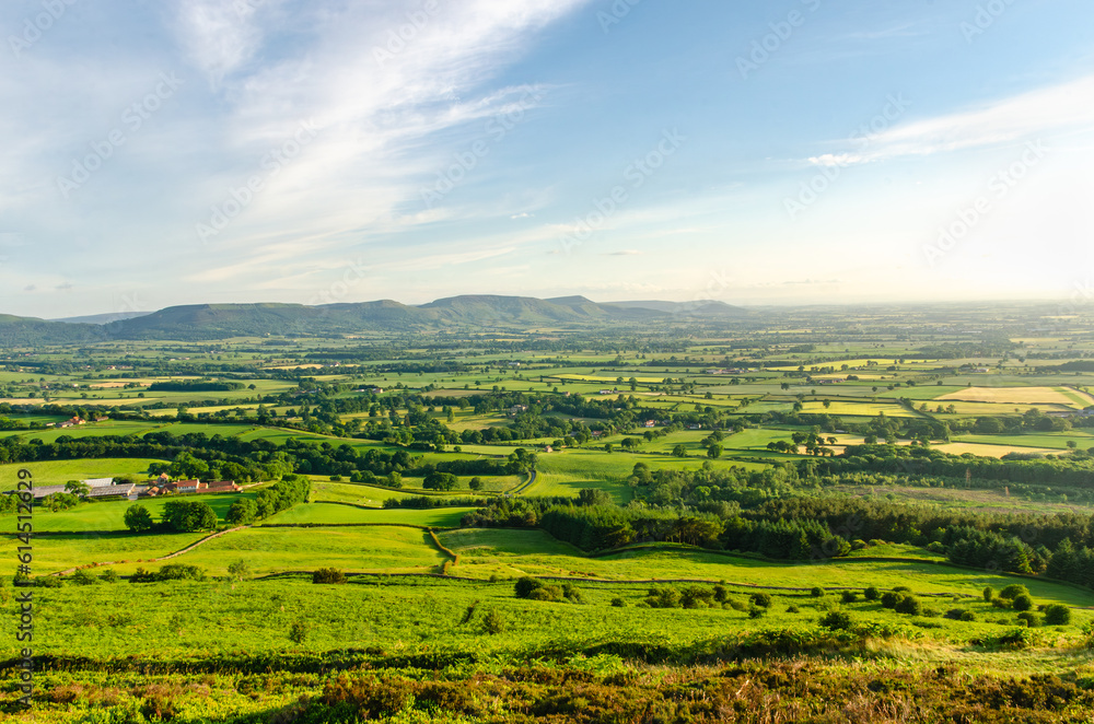 A beautiful landscape view from the top of a mountain in Yorkshire. Hike to Roseberry Topping near Teesside - obrazy, fototapety, plakaty 