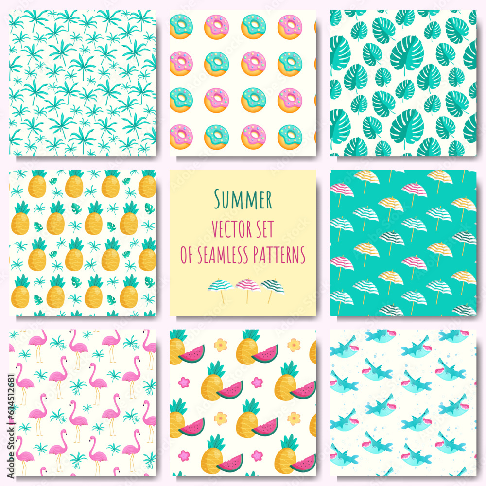 Set of eight colorful summer seamless patterns. Summer backgrounds Set of eight colorful summer seamless patterns. Summer backgrounds
