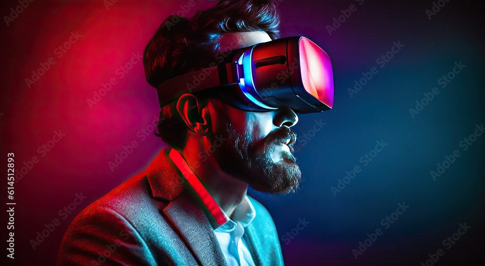 Man using virtual reality glasses on dark background. VR glasses. Headset device, virtual reality, future technology concept used together. Using VR glasses in neon