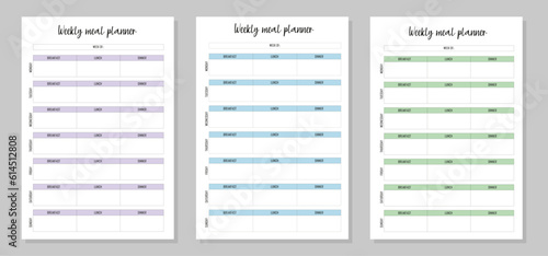 Set of 3 weekly meal planners. Printable and digital weekly template menu.

