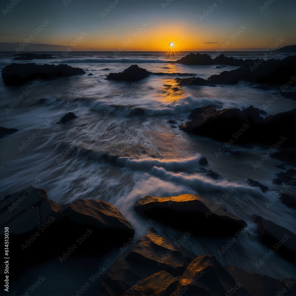 A rocky shoreline illuminated by a setting sun, its rays reflecting off the waves.