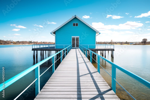 Crawley Edge Boatshed, Australian boat station with long wooden pier and bright blue river. Close-up. Generative AI content
