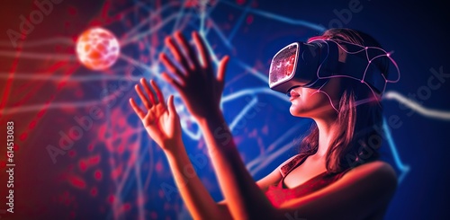 Man using virtual reality glasses on dark background. VR glasses. Headset device, virtual reality, future technology concept used together. Using VR glasses in neon photo