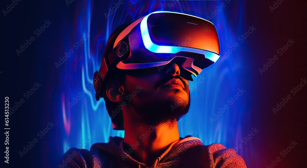 Man using virtual reality glasses on dark background. VR glasses. Headset device, virtual reality, future technology concept used together. Using VR glasses in neon Man using virtual reality glasses on dark background. VR glasses. Headset device, virtual reality, future technology concept used together. Using VR glasses in neon