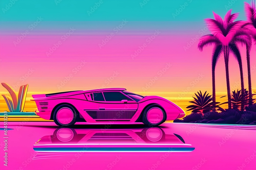 Retro Sport car rides among palm trees against the backdrop of the sunset in the city , reflections , synthwave 80s - generative ai
