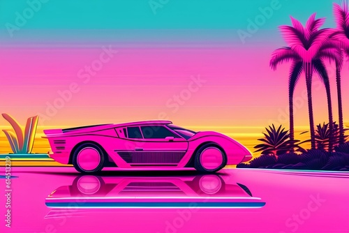 Retro Sport car rides among palm trees against the backdrop of the sunset in the city , reflections , synthwave 80s - generative ai © unalcreative