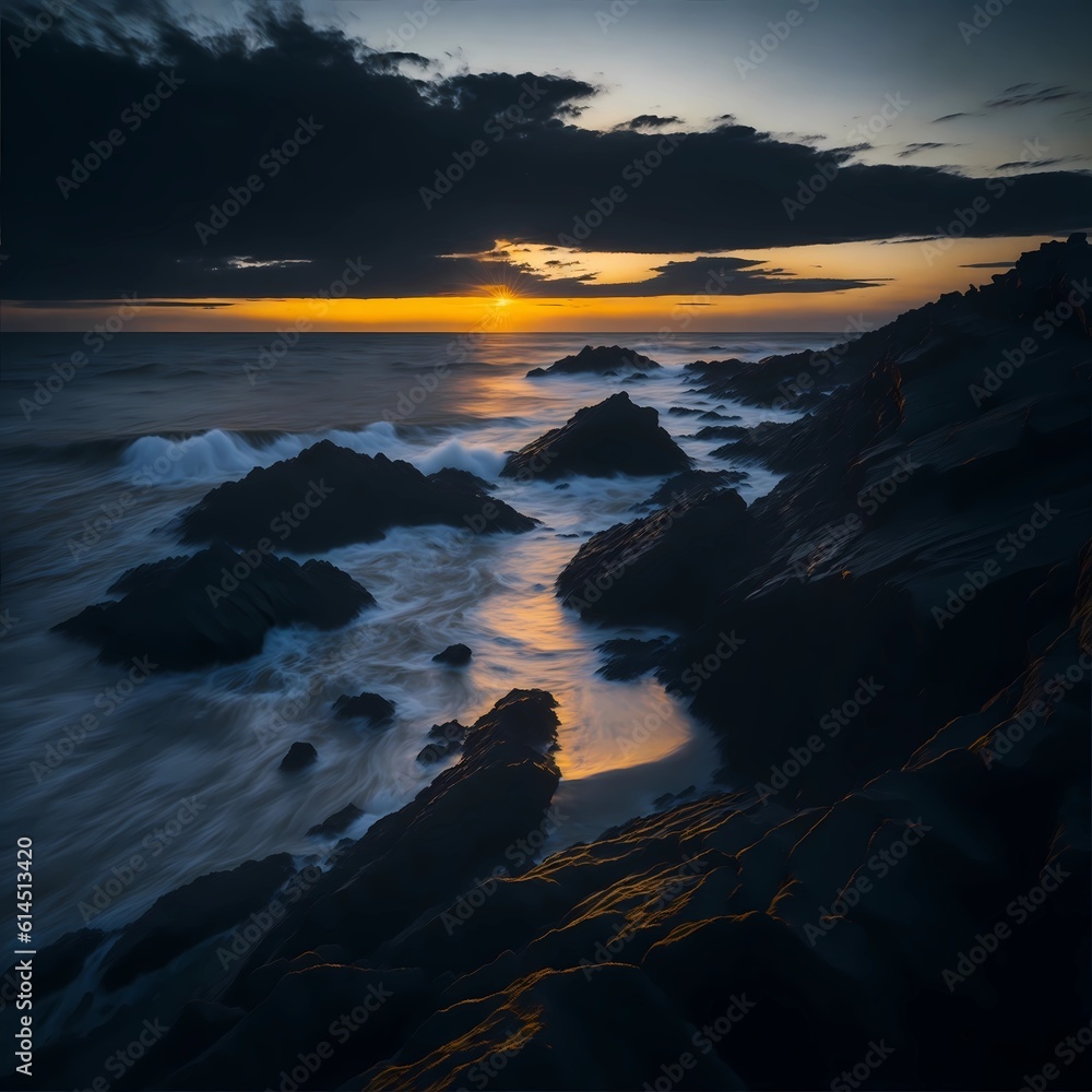 A rocky shoreline illuminated by a setting sun, its rays reflecting off the waves.