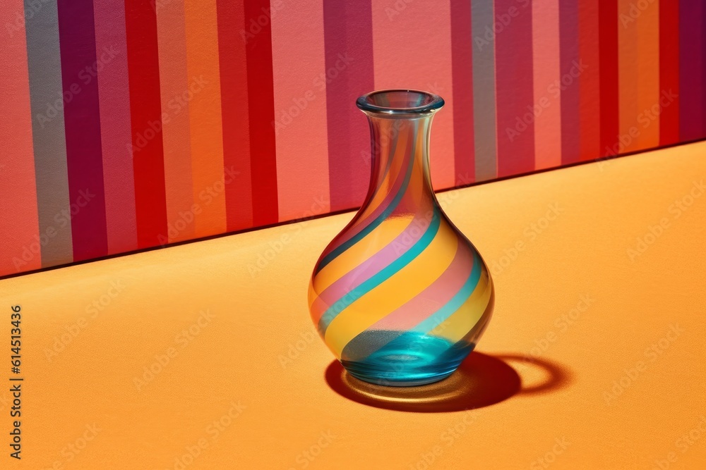 Artistic display: A glass vase gracefully resting on vibrant striped paper, creating a captivating juxtaposition of textures and colors. Generative AI Artistic display: A glass vase gracefully resting on vibrant striped paper, creating a captivating juxtaposition of textures and colors. Generative AI