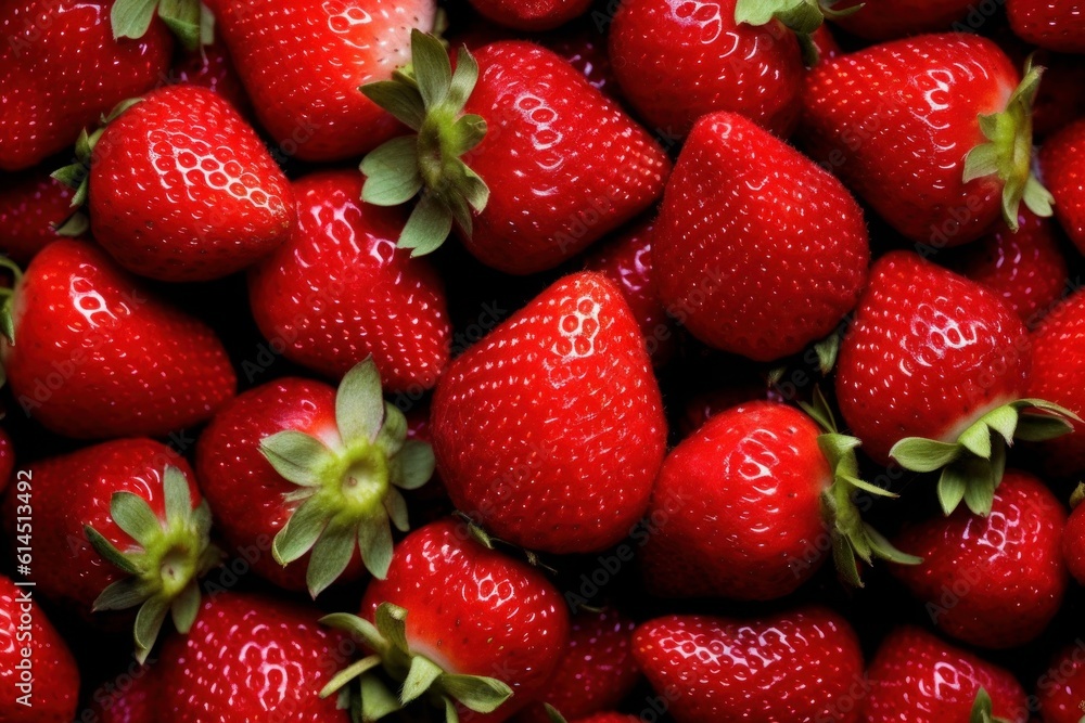 Closeup from above: Fresh ripe strawberries with green leaves as a background, symbolizing the concept of healthy food and wholesome nutrition. Generative AI Closeup from above: Fresh ripe strawberries with green leaves as a background, symbolizing the concept of healthy food and wholesome nutrition. Generative AI